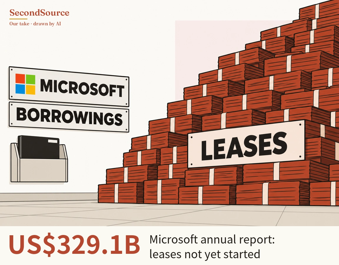 Concept illustration: on the left wall, two signs hang one above the other, the upper lettered MICROSOFT beside a four-colour grid of squares and the lower lettered BORROWINGS, with a beige open-top holder containing one black folder beneath them. On the right, a huge stepped pile of brick-red bundles tied with pale bands rises toward the upper right and runs off the frame, with a large sign lettered LEASES set on its front, a pale pink rectangle behind it and a tiled floor below.