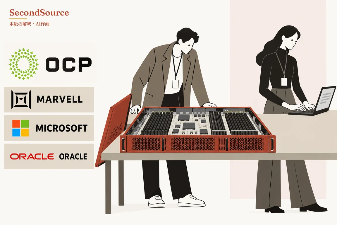 コンセプトイラスト:左側に4枚のパネルが縦に並び、それぞれ「OCP」「MARVELL」「MICROSOFT」「ORACLE」と書かれている。上の3枚は文字の横に小さな図形があり、最後のパネルでは「ORACLE」が赤と黒で1回ずつ書かれている。中央の長いテーブルには、蓋が左側に開いた赤いサーバー筐体が置かれ、チップと何列ものスロットが並ぶ回路基板が見えている。茶色のジャケットを着て名札を首から下げた人物が両手を筐体の縁に置いてのぞき込み、黒い服で名札を下げたもう一人の人物がテーブルの右端でノートパソコンを打っている。
