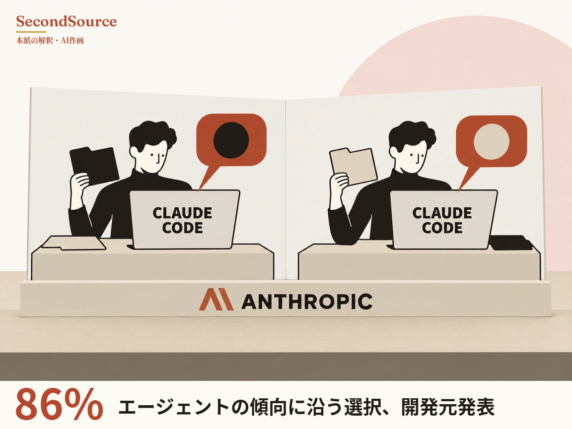 コンセプトイラスト：赤い角ばったマークと「ANTHROPIC」の文字が入った台座の上に2枚のパネルが並び、それぞれに黒い巻き毛で黒いタートルネックの人物が机の後ろに座り、「CLAUDE CODE」と書かれたノートパソコンから赤い吹き出しが伸びている。左の人物は黒いフォルダーを掲げ、吹き出しには黒い円、机にはベージュのフォルダーがあり、右の人物はベージュのフォルダーを掲げ、吹き出しにはベージュの円、机には黒い平たい物が置かれている。