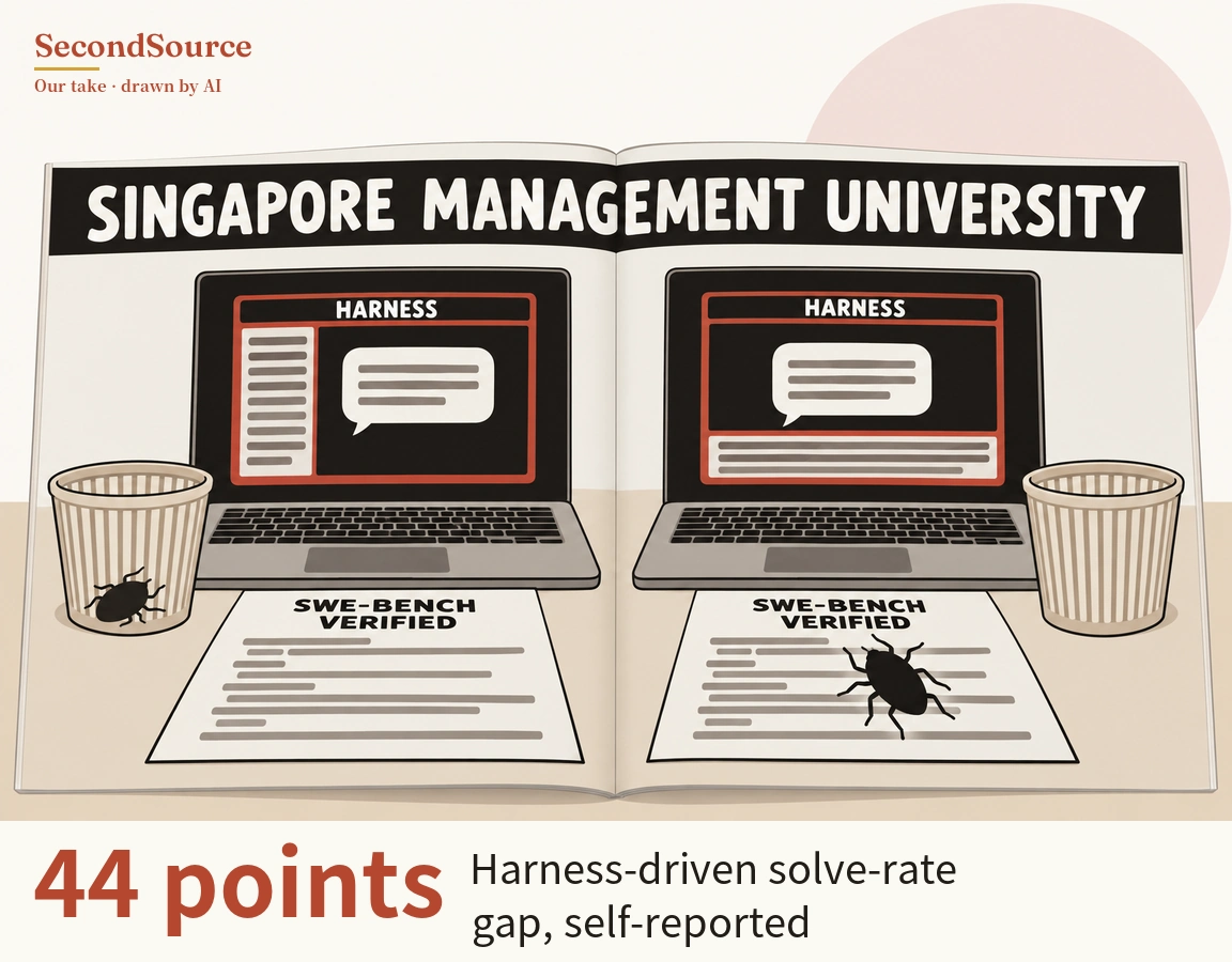 Concept illustration of an open magazine spread on a beige backdrop, topped by a black banner lettered in white "SINGAPORE MANAGEMENT UNIVERSITY", with a laptop on each page whose screen shows a red-outlined window labeled "HARNESS" and a speech bubble (the left window also has a sidebar list, the right one a text panel along the bottom). In front of each laptop lies a sheet headed "SWE-BENCH VERIFIED" with grey text lines, and a striped wastebasket stands at each outer edge; a black insect sits in the left wastebasket and another on the right-hand sheet, with a pale pink circle in the background at top right.