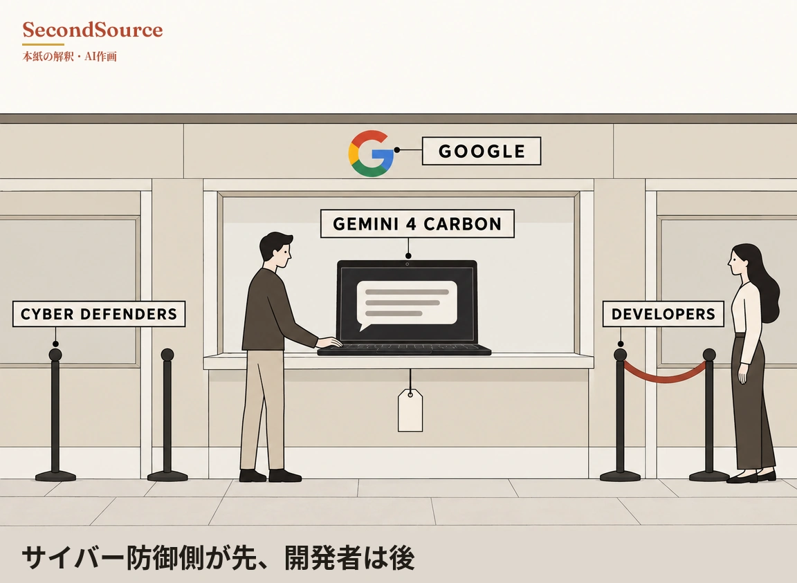 コンセプトイラスト:3つの窓があるベージュの店先の壁で、上部では赤・黄・緑・青の文字Gが線でGOOGLEと書かれた看板につながり、中央の窓ではGEMINI 4 CARBONと書かれた看板が線でカウンター上のノートパソコンにつながり、画面には灰色の線が入った吹き出しが映り、茶色のセーターとベージュのズボンの短髪の人物がキーボードを打ち、カウンターの下には白紙の札が下がっている。左側ではCYBER DEFENDERSと書かれた看板が2本の黒いポールの片方に線でつながり、右側ではDEVELOPERSと書かれた看板がつながったポールともう1本のポールの間に赤いロープが張られ、その後ろで白いトップスと濃い色のズボンの長髪の人物がカウンターの方を向いて立っている。