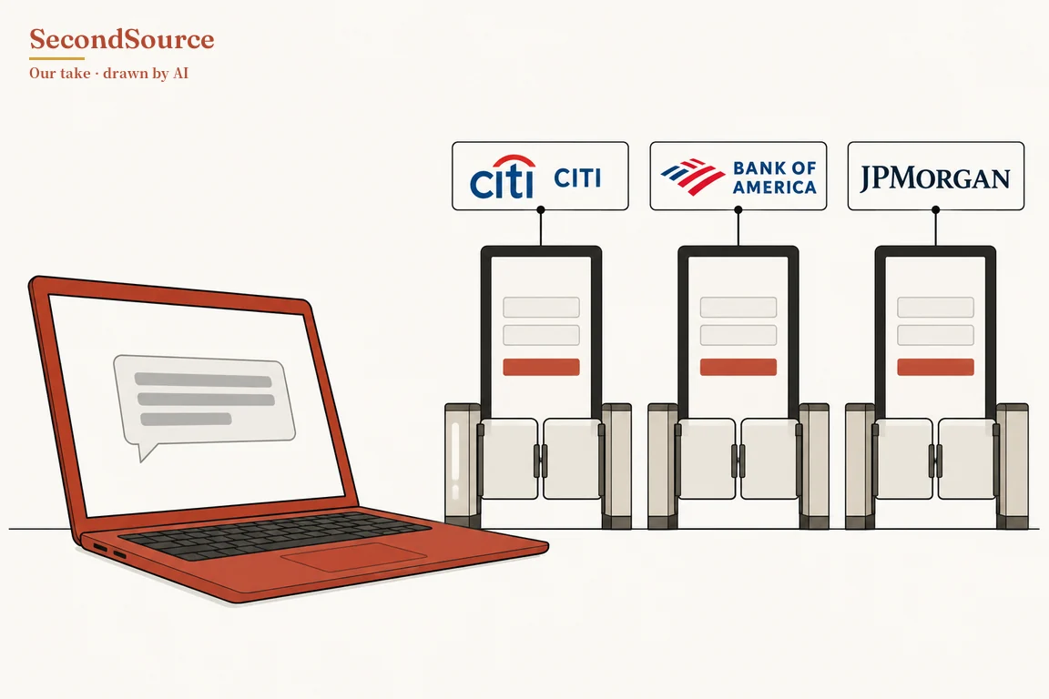 Concept illustration: on the left, an open orange-red laptop whose screen shows a speech bubble with three grey lines; on the right, three gates stand in a row, each with two closed pale door panels between two side posts and, behind them, a tall dark-framed panel holding two empty boxes and a red bar. Above each gate a sign on a short stem reads, from left to right, 'citi' under a red arc beside 'CITI', 'BANK OF AMERICA' beside a red-and-blue striped mark, and 'JPMORGAN'.