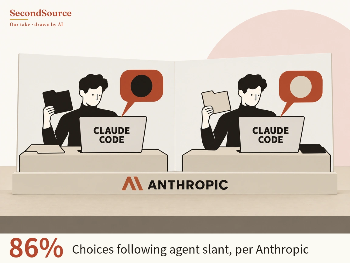 Concept illustration: two side-by-side panels stand on a base lettered ANTHROPIC beside a red angular mark, and in each panel a person with dark curly hair and a dark turtleneck sits behind a desk with a laptop lettered CLAUDE CODE, from which a red speech bubble rises. On the left the person holds up a black folder and the bubble holds a black circle, with a beige folder lying on the desk; on the right the person holds up a beige folder and the bubble holds a beige circle, with a flat black object on the desk.