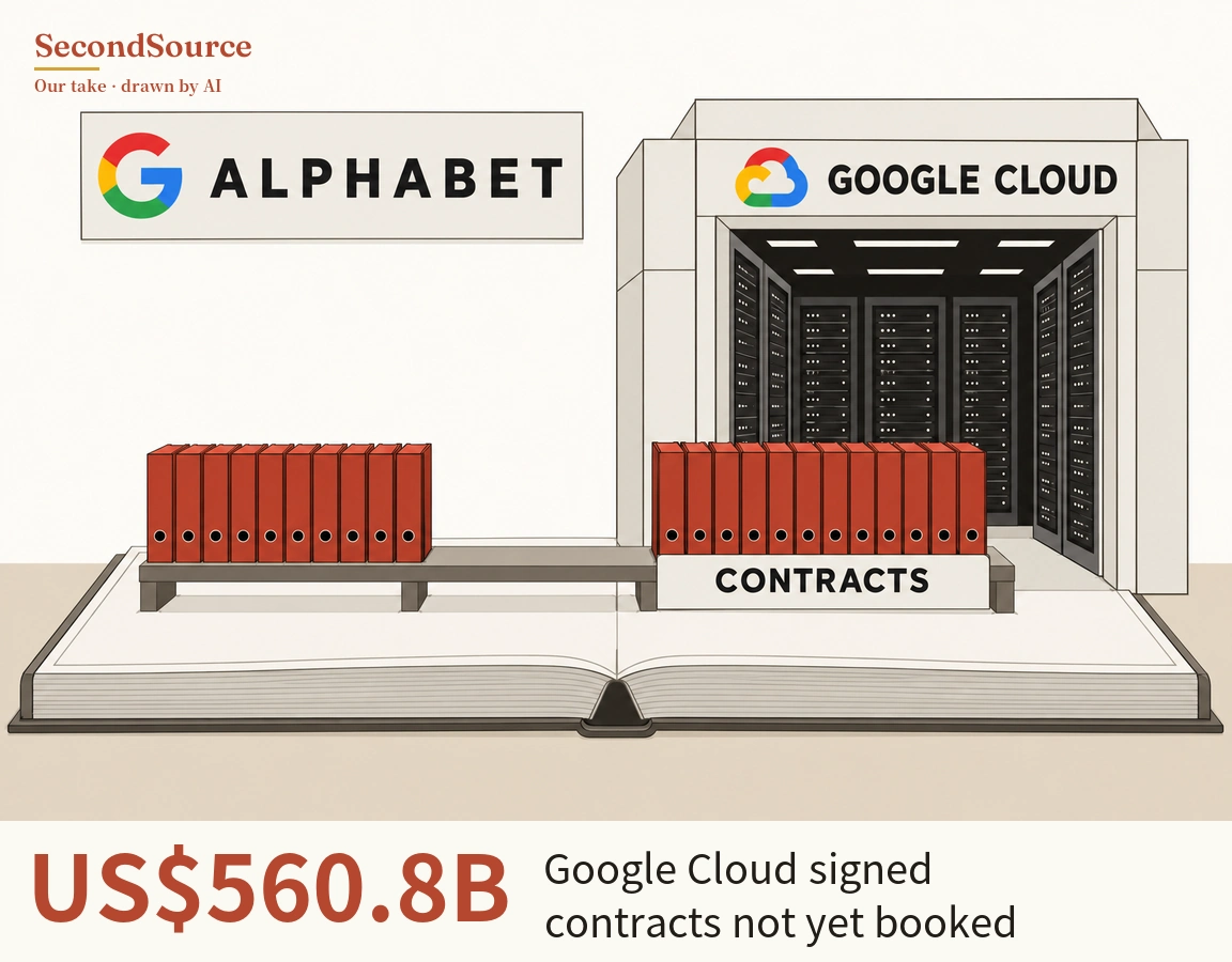 Concept illustration: a long grey bench lies across an open book, with a row of red binders on its left end and another row of red binders on its right end behind a white label lettered CONTRACTS, standing in front of the open entrance of a white boxy building lettered GOOGLE CLOUD beside a multicoloured cloud symbol, inside which rows of dark server racks stand under ceiling lights. At top left, a white sign carries the lettering ALPHABET next to a multicoloured G-shaped symbol.