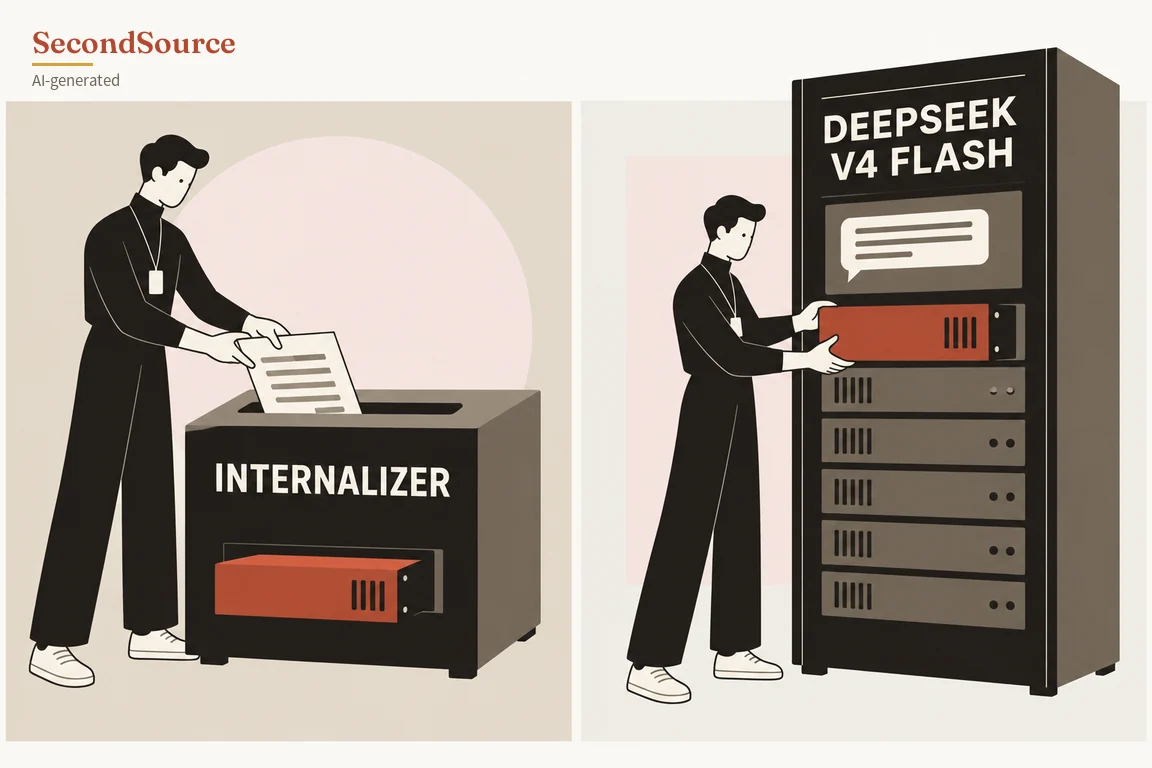 Concept illustration in two side-by-side panels: on the left, a person in black clothing with a lanyard badge feeds a sheet of paper marked with lines into a slot on top of a dark box lettered INTERNALIZER, and an orange-red module with vent slots sticks out of an opening in the box's front. On the right, a person in the same black outfit and lanyard holds a similar orange-red module with both hands at a slot in a tall dark cabinet lettered DEEPSEEK V4 FLASH, with a panel showing a speech-bubble icon above the module and five grey vented drawer units stacked below it.