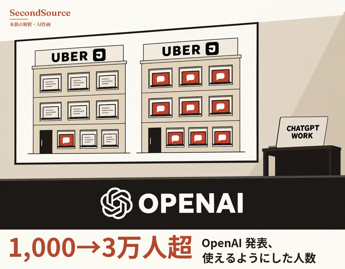 コンセプトイラスト:壁の大きな額の中に3階建ての建物が2棟並んでいて、どちらも上に UBER と書かれた看板と小さな黒い四角の記号があり、1階の左側に黒いドアがある。左の建物の窓のノートパソコンはほとんどが灰色の線の並ぶ画面で、1階の1台だけが赤い画面に白い吹き出し、右の建物の窓のノートパソコンはすべて赤い画面に白い吹き出しになっている。右側の暗い色の机には蓋に CHATGPT WORK と書かれた開いたノートパソコンがあり、下の黒い帯には白い大きな文字で OPENAI とあって、その左に白い組紐状の結び目の図形がある。