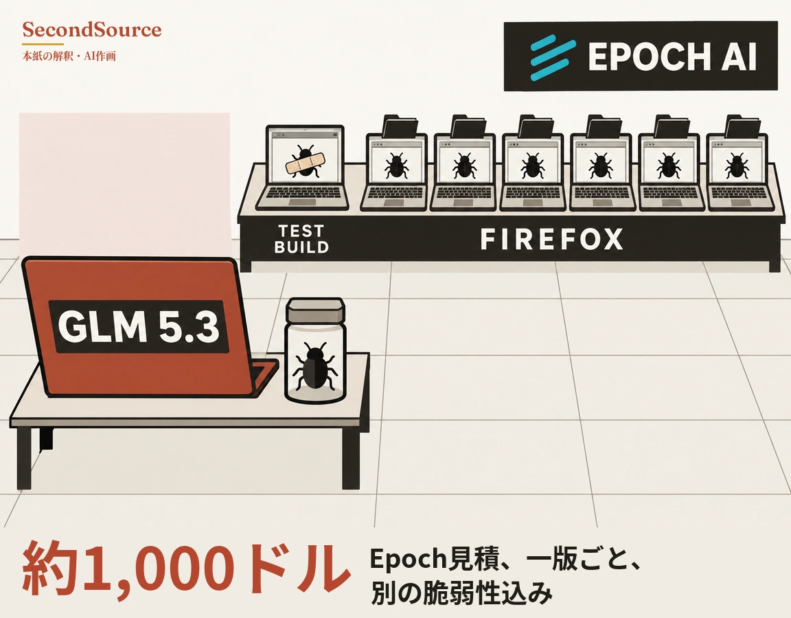 コンセプトイラスト:TEST BUILD と FIREFOX と書かれた長い濃色のカウンターに開いたノートパソコンが7台並び、左端(TEST BUILD の上)の画面には絆創膏を貼った虫、残る6台の画面にはそれぞれ虫が映り、その背後に濃色のフォルダーが立っていて、右上には三本の青緑の斜線と並んで EPOCH AI と書かれた濃色の看板がある。左手前の小さな机には GLM 5.3 と書かれた濃色のラベルを天板に付けた赤いノートパソコンと、黒い虫が入ったふた付きのガラス瓶が置かれ、床はタイル張りで、奥には淡い色の壁と淡いピンクの四角いパネルがある。