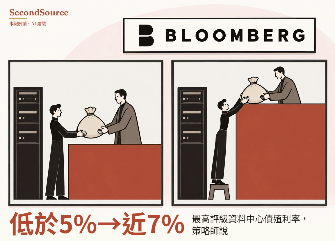 概念插圖:上方有一塊寫著 BLOOMBERG 的招牌,下方並排兩格畫面;左格中,一名黑衣人站在伺服器機櫃旁,與及腰高紅色櫃檯後方穿棕色外套的人隔著櫃檯一同拿著一個束口布袋。右格中機櫃同樣在左側,黑衣人站在一張小凳子上向上伸手,與一座高得多的紅色櫃檯後方的同一類人物一同拿著布袋。