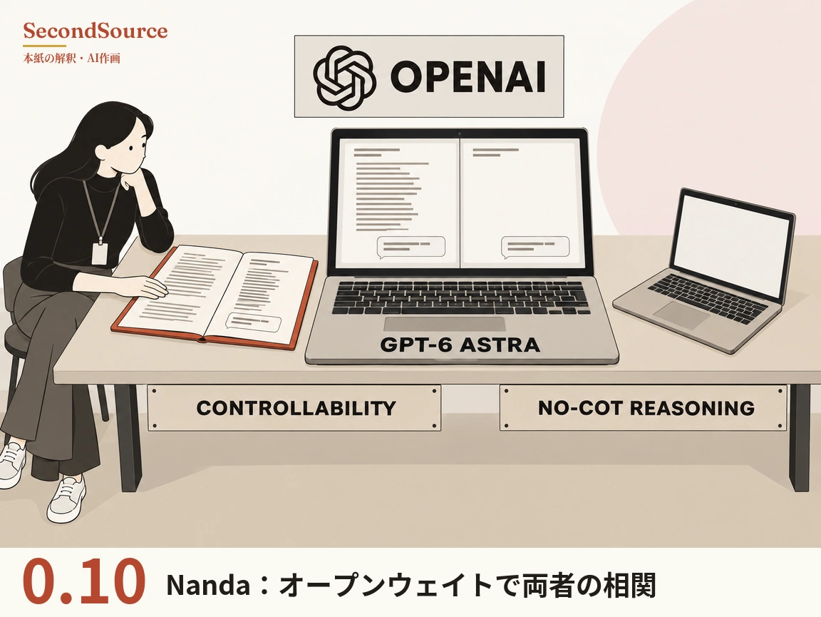 コンセプトイラスト：ベージュの長いテーブルの中央に、本体前面に GPT-6 ASTRA と書かれた大きなノートパソコンが開いて置かれ、画面の左欄には文字の線が縦に長く並んでその下に吹き出しがあり、右欄は上部の短い数行と下の吹き出しの間が空白になっていて、テーブル正面の二枚のプレートには CONTROLLABILITY（左）と NO-COT REASONING（右）と書かれている。大きなノートパソコンの上の壁には結び目のような模様と OPENAI の文字が入った看板、右上には淡いピンクの大きな円があり、テーブルの右端には画面が白い小さめのノートパソコンが大きなノートパソコンの方へ向けて置かれ、左には画面の左欄と同じように文字の線が長く並ぶページと、数行の線と吹き出しのあるページを開いた赤い表紙の本があって、黒い長髪で黒いタートルネックを着て名札を首から下げた人物が左端のスツールに座り、頬杖をついて片手を本に置いている。