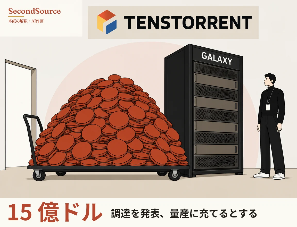 コンセプトイラスト：上部の淡い色の帯に TENSTORRENT の文字と橙・黄・青の面をもつ立方体のアイコンがあり、左側の開いた戸口のそばでは、平台車にれんが色の丸い円盤が山のように積まれ、台車の右端は GALAXY と書かれた背の高い黒いラックの足元に接している。ラックは上から下まで積み重ねたユニットで埋まっており、右側では黒い服に白い靴の人物が首からひもで白いカードを下げて立ち、ラックの方を見ている。背景は淡い色の壁と大きな淡いピンクの円。