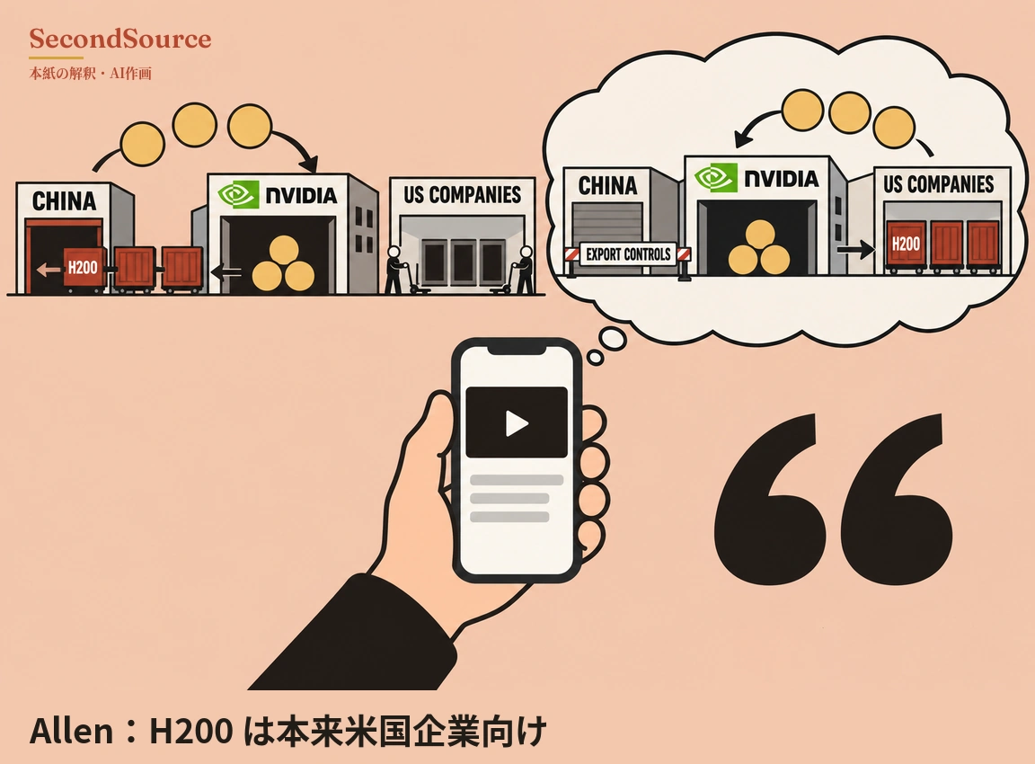 コンセプトイラスト:左上には CHINA、NVIDIA、US COMPANIES と書かれた3棟の建物が並び、赤い台車(1台に H200 の文字)が左向きの矢印に沿って NVIDIA から CHINA の入口へ進み、3枚の金貨が弧を描く矢印に沿って CHINA の上から NVIDIA へ向かい、NVIDIA の中には金貨が積まれ、US COMPANIES の入口の前には台車を持つ2人の人物が立っている。下部には、画面に動画の再生ボタンと灰色の線が映るスマートフォンを持つ手と、その右に大きな黒い引用符があり、スマートフォンは小さな泡で右上の思考の雲につながっていて、雲の中の同じ3棟では、シャッターの下りた CHINA の前に EXPORT CONTROLS と書かれた柵が立ち、NVIDIA の中に金貨が積まれ、NVIDIA から出た矢印が US COMPANIES の入口に並ぶ赤い台車(1台に H200 の文字)を指し、金貨が弧を描く矢印に沿って US COMPANIES の上から NVIDIA へ向かっている。