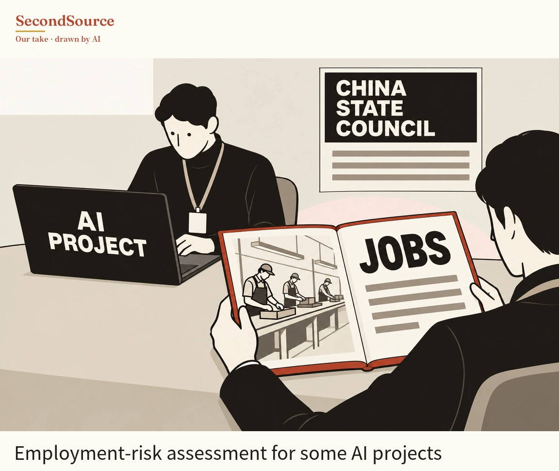 Concept illustration: on the left, a dark-haired person in a black top with a lanyard badge sits at a table typing on a laptop whose lid is lettered "AI PROJECT", and on the wall behind hangs a sign lettered "CHINA STATE COUNCIL" above several grey lines. In the right foreground, a person in a dark suit, seen from behind, holds open a red-covered book whose left page shows three workers in caps and aprons handling boxes along a long workbench and whose right page is lettered "JOBS" above grey lines.