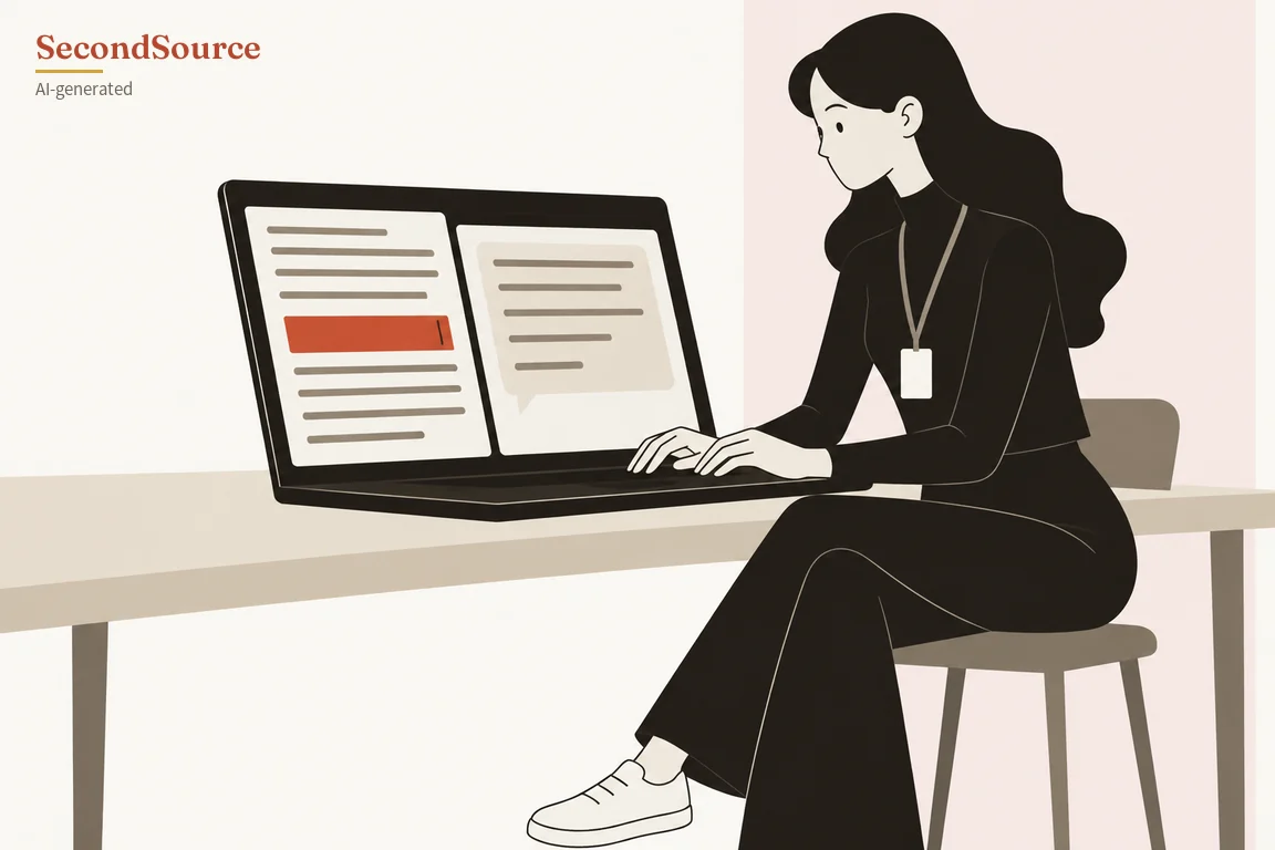 Concept illustration: a person with long dark wavy hair, dressed in black with a lanyard and white card around the neck, sits on a chair at a light-coloured table typing on a black laptop. The screen is split into two panels: the left shows rows of grey lines with one red bar among them, and the right shows a speech-bubble-shaped box filled with grey lines.