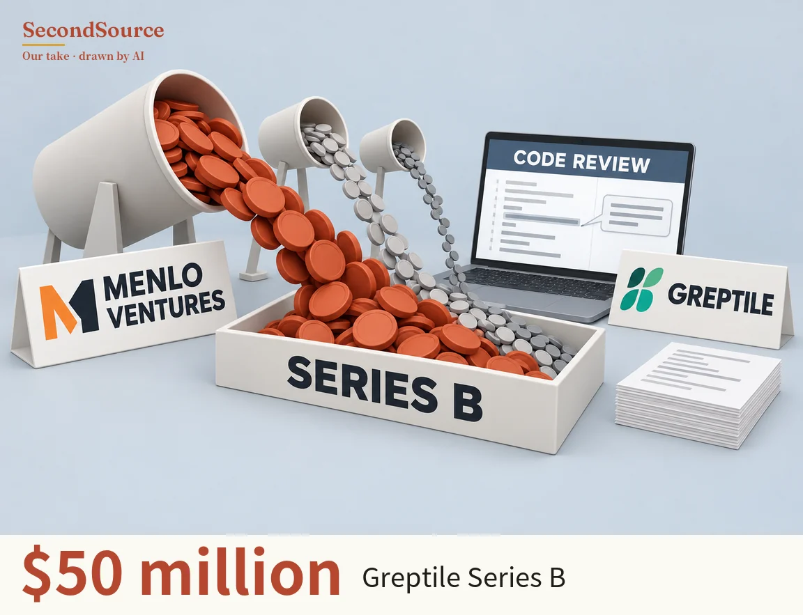 Concept illustration: on a pale blue-grey background, a large white cylinder tilted on a stand at left pours a wide stream of large orange-red discs, while two smaller white cylinders behind it pour two thinner streams of smaller grey discs, all falling into an open white box lettered SERIES B at front centre, where the discs pile up. On the left stands a tent card lettered MENLO VENTURES with an orange and dark-navy angular mark; at right is a laptop whose screen is headed CODE REVIEW above grey lines and a speech bubble, with a tent card lettered GREPTILE and a green four-petal mark standing to the laptop's right and slightly forward, and a stack of papers printed with grey lines at bottom right.