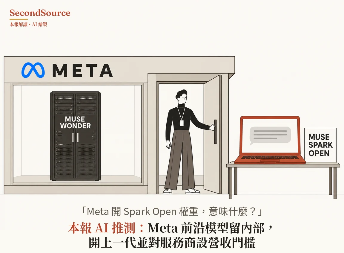 概念插畫:一棟淺灰色建築的門面上寫著 META,字旁有一個藍色環形符號,左側大窗內立著一座深色雙門伺服器機櫃,櫃門上寫著 MUSE WONDER。右側的門敞開著,門口站著一個人,穿黑色高領上衣和灰褐色寬褲,胸前掛著識別證,一手握著門把;建築外右邊有一張桌子,桌上放著一台橘紅色筆電,螢幕上是灰色對話框,旁邊立著一塊寫有 MUSE SPARK OPEN 的白色牌子。