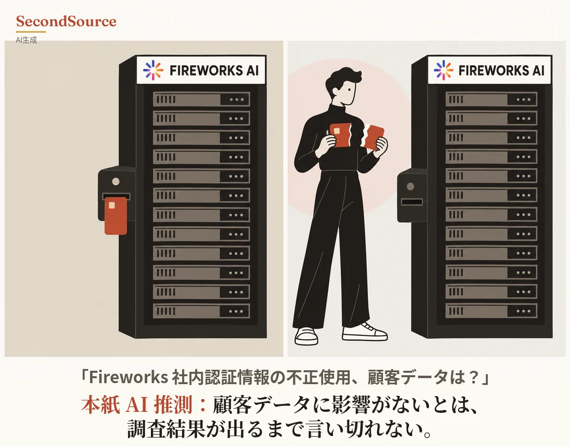 左右二つのコマに分かれたコンセプトイラスト。左のコマには黒いサーバーラックがあり、上部の白い看板に色とりどりの放射状アイコンと「FIREWORKS AI」の文字が入っていて、ラック左側の黒いカードリーダーに赤いカードが差し込まれている。右のコマでは、黒いタートルネックに黒いワイドパンツ、白いスニーカー姿の人物が淡いピンクの円の前に立ち、二つに裂けた赤いカードを片手に一片ずつ持っている。その隣には同じく「FIREWORKS AI」と書かれた2台目のラックがあり、左側のカードリーダーの差し込み口にはカードが入っていない。