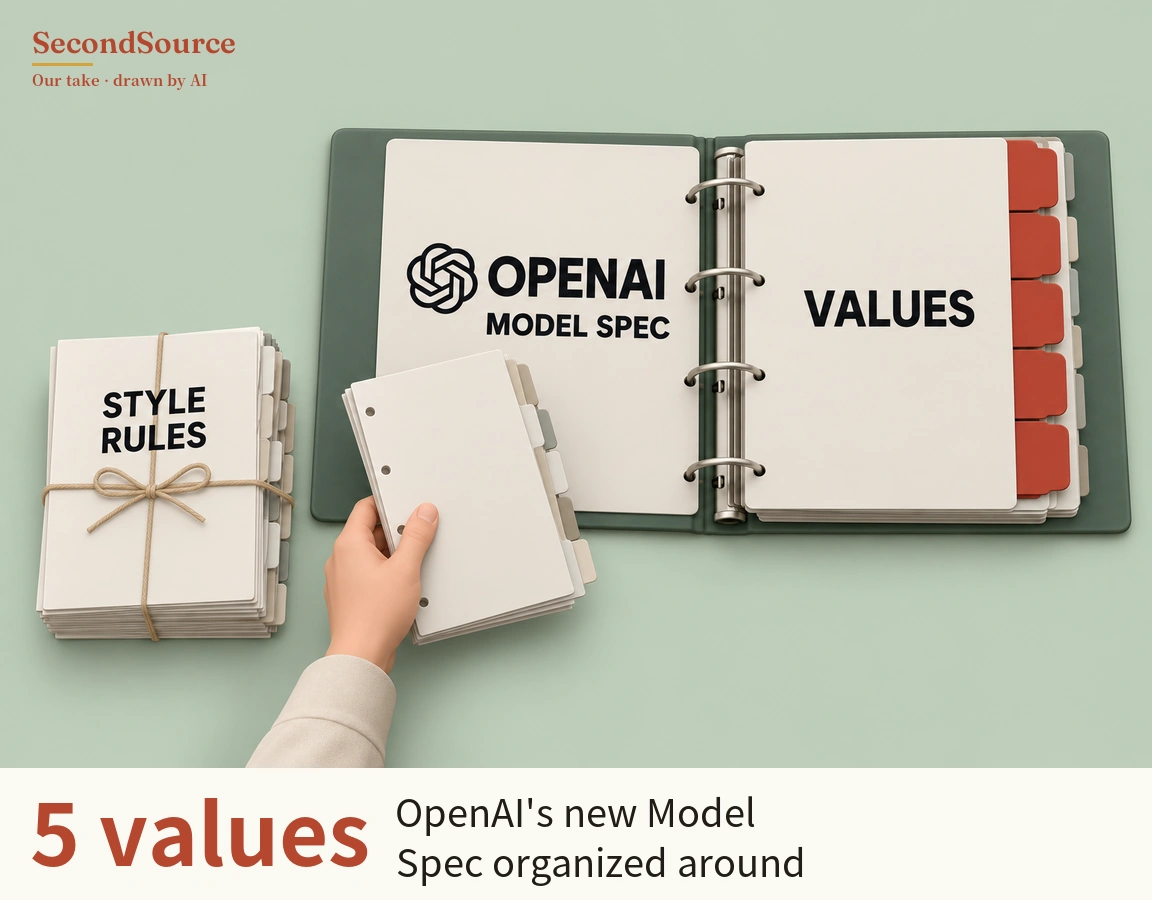 Concept illustration on a pale green background: on the right, an open green ring binder whose left page is lettered OPENAI MODEL SPEC beside an interlaced knot-shaped symbol and whose right page is lettered VALUES, with five red index tabs along its edge. On the left, a stack of tabbed pages is tied with twine in a bow, its top page lettered STYLE RULES, and between the two a hand in a beige sleeve reaches up from the bottom holding a small stack of hole-punched tabbed pages.