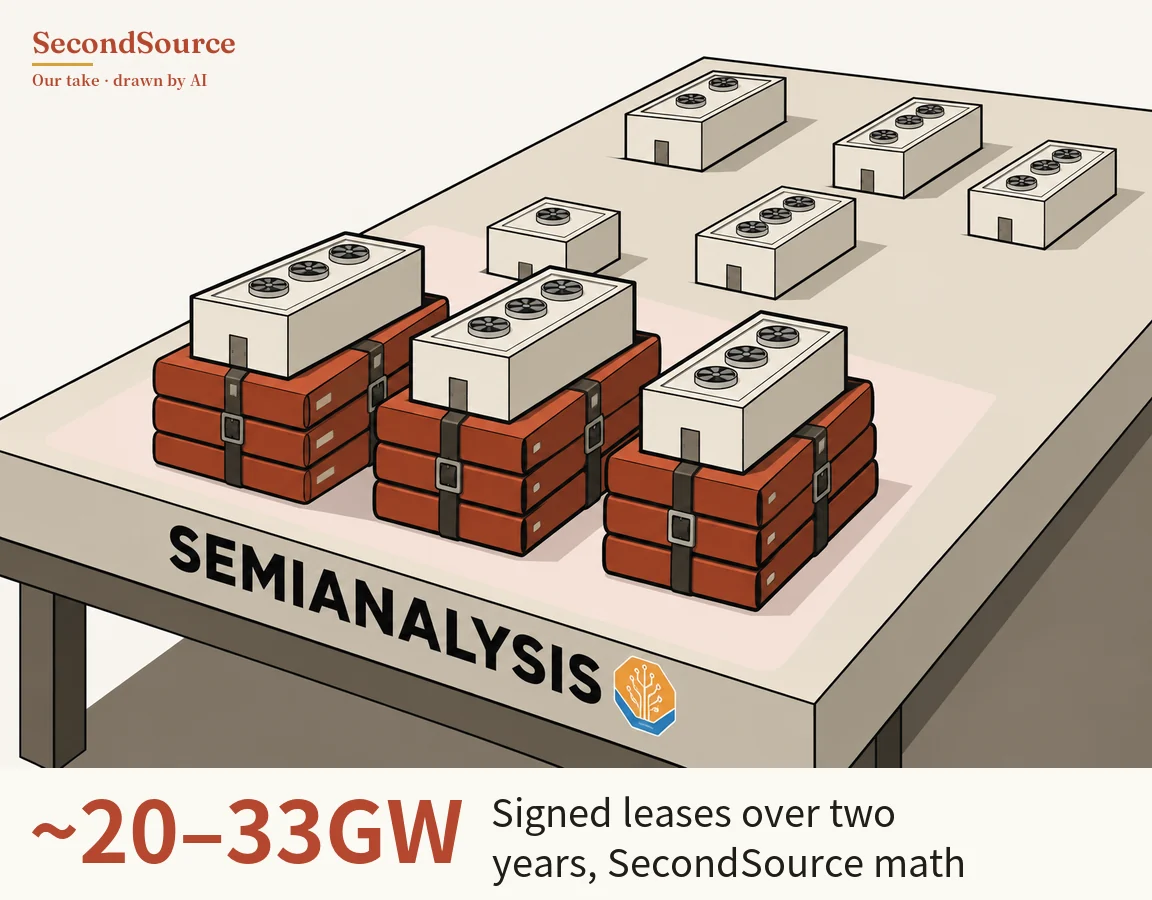 Concept illustration: a large pale-grey table lettered SEMIANALYSIS near its front edge, next to a small orange-and-blue octagonal emblem with circuit-like lines. In front, on a pale pink patch, three white box-shaped buildings with round fans on their roofs and small doors each sit on a stack of three thick brick-red binders held by dark straps with metal buckles, while five more such buildings stand directly on the table further back.