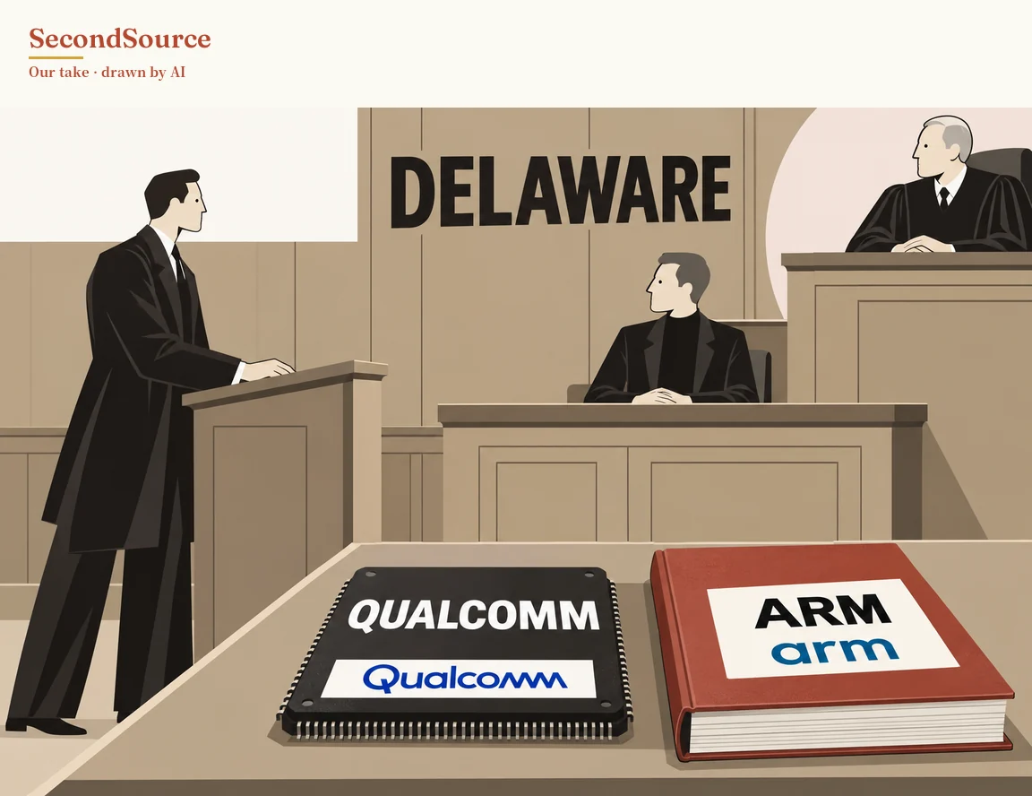 Concept illustration: in a wood-panelled, courtroom-like room with DELAWARE lettered on the back wall, a man in a dark suit stands at a lectern on the left, and a man in a dark jacket sits behind a wooden stand in the centre, looking toward a white-haired man in a black robe seated at a raised bench on the right. In the foreground, a table holds a black chip with pins along its edges, lettered QUALCOMM with Qualcomm on a white label, and beside it a thick red book whose white cover label is lettered ARM and arm.