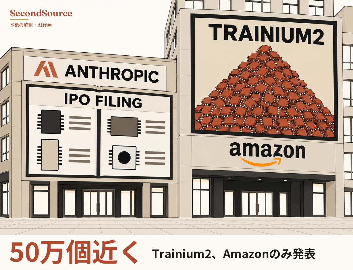 コンセプトイラスト：舗装された広場に2棟の建物が並び、左の建物には赤橙色の角ばったマークと ANTHROPIC の文字の看板があり、その下の開いた本の形の大きなボードには IPO FILING の見出しと、それぞれ灰色の短い横線が添えられた4つのチップのアイコンが描かれている。右の高い建物には TRAINIUM2 の見出しで赤橙色のチップが山積みになった大きな看板と、その下にオレンジ色の弧状の矢印を伴う amazon の文字があり、両方の建物の1階にはガラスのドアがある。