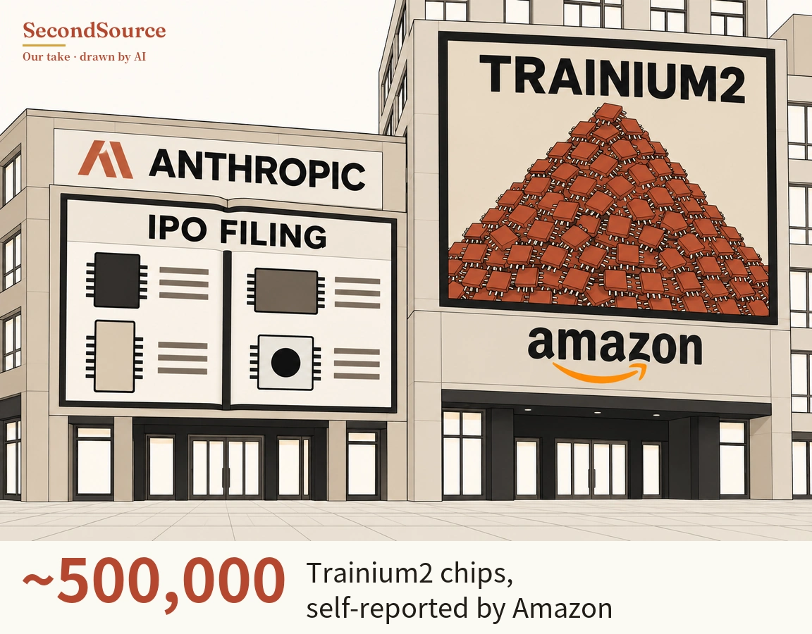 Concept illustration of two adjoining buildings on a paved plaza: the left one has a sign lettered ANTHROPIC beside a red-orange angular mark, and below it a large board shaped like an open book, headed IPO FILING, showing four chip icons, each next to a few short gray lines. The taller building on the right has a large billboard headed TRAINIUM2 filled with a big heap of red-orange chips, with the lettering amazon above an orange curved arrow beneath it, and both buildings have glass doors at street level.