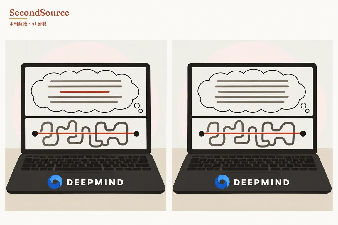 概念插圖:兩台並排的深色筆電,鍵盤下方各有白色字樣「DEEPMIND」和一個藍色漩渦圖案;每個螢幕上半部是畫著灰色橫線的思考泡泡,下半部是兩個由紅色直線相連的黑點,另有一條灰色彎曲線在兩點之間來回繞行。兩台筆電的差別在於左邊的思考泡泡裡有一條紅線夾在灰線之間,右邊的泡泡則只有灰線。