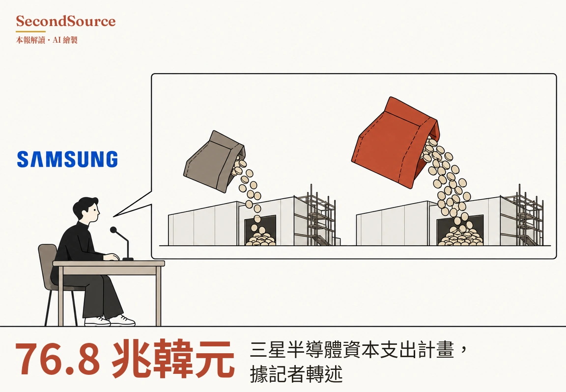 概念插圖：左側有藍色字樣「SAMSUNG」，下方一人坐在桌前，面前有麥克風，面向右方。從此人延伸出一個大對話框，框內有兩棟相似、旁邊搭著鷹架的白色建築：左邊一個較小的灰褐色袋子把圓形硬幣倒進左棟建築的門口，右邊一個較大的磚紅色袋子把更多硬幣倒進右棟建築的門口。