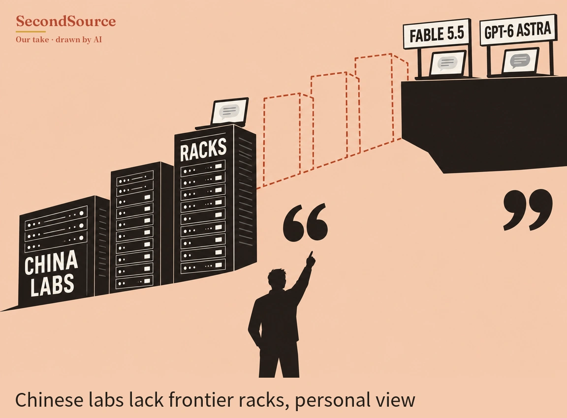 Concept illustration on a peach background: at left, three black server racks rising in height, lettered CHINA LABS and RACKS, with a laptop showing a speech bubble on top of the tallest one, followed by three taller rack outlines drawn in red dashed lines that step up toward a black floating ledge at upper right, where two laptops showing speech bubbles sit under signs lettered FABLE 5.5 and GPT-6 ASTRA. Below, a black silhouetted figure seen from behind raises one arm and points upward, between two large black quotation marks.