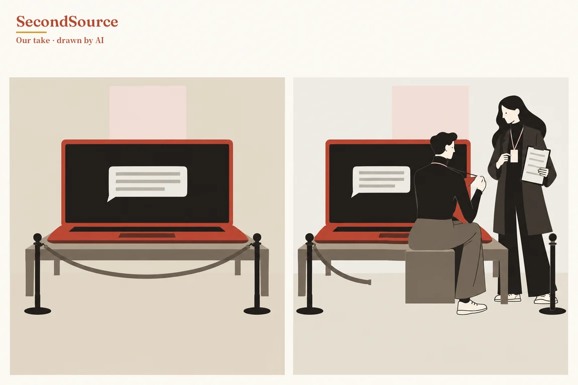 Concept illustration in two side-by-side panels. On the left, a large red laptop with a speech bubble of grey lines on its screen sits on a low table, with a rope strung between two black posts in front and a pale pink panel on the wall behind; on the right, the same laptop and table with the rope hanging from one post down to the floor, a person seated on a block facing the screen, and a standing person with a badge on a lanyard holding a clipboard.