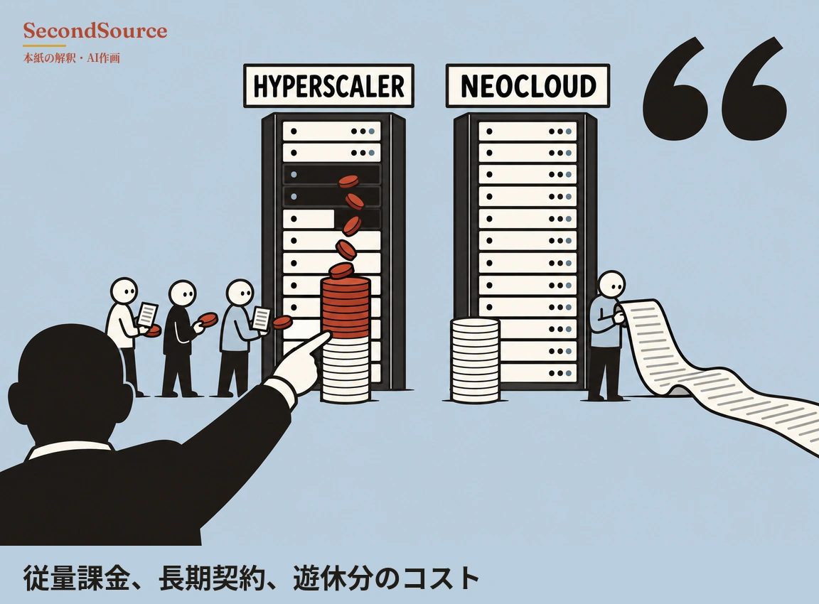 コンセプトイラスト。水色の背景にサーバーラックが2台並んでいる。左のラックの上には HYPERSCALER と書かれた看板があり、いくつかの段は暗い色で、赤いコイン状の円盤が前面を落ちて、白い円盤の上に赤い円盤が積まれた山に重なっている。その左には紙と赤い円盤を持った簡素な人物3人が並び、手前では背後から見たスーツ姿の大きな黒いシルエットの人物がその山を指さしている。右のラックの上には NEOCLOUD と書かれた看板があり、段はすべて白く、足元には白い円盤だけのより低い山がある。その横に立つ人物は、線が何列も入った長い紙を広げて右下へ垂らしており、画面右上には大きな黒い引用符が描かれている。