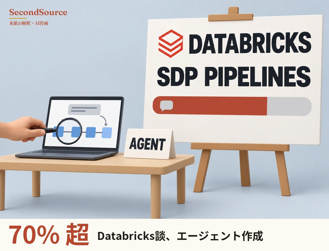 コンセプトイラスト：右側の木製イーゼルに大きな白いボードが立てられ、赤い積み重なった層状のアイコンと「DATABRICKS」「SDP PIPELINES」の文字があり、その下の横長のバーは大部分が赤く塗られ、左端に小さな吹き出しアイコンがある。左側の木製テーブルには開いたノートパソコンがあり、画面には線でつながった青い四角形が一列に並び、上の灰色の枠から曲がった矢印が最後の四角形へ向かっていて、画面左端から伸びた手がその上に虫眼鏡をかざし、パソコンの横には「AGENT」と書かれた折り畳み式の卓上札が立っている。