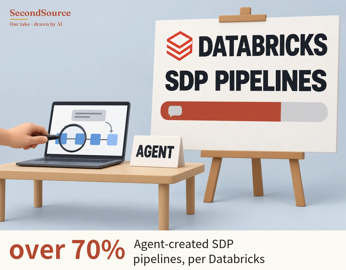 Concept illustration: on the right, a wooden easel holds a large white board with a red stacked-layer icon and the lettering "DATABRICKS" and "SDP PIPELINES", and below them a horizontal bar filled mostly in red with a small speech-bubble icon at its left end. On the left, on a wooden table, a hand reaching in from the left edge holds a magnifying glass over an open laptop. The laptop screen shows a row of blue squares joined by a line, with a grey box above and an arrow curving down from it to the last square, and a folded card lettered "AGENT" stands beside the laptop.