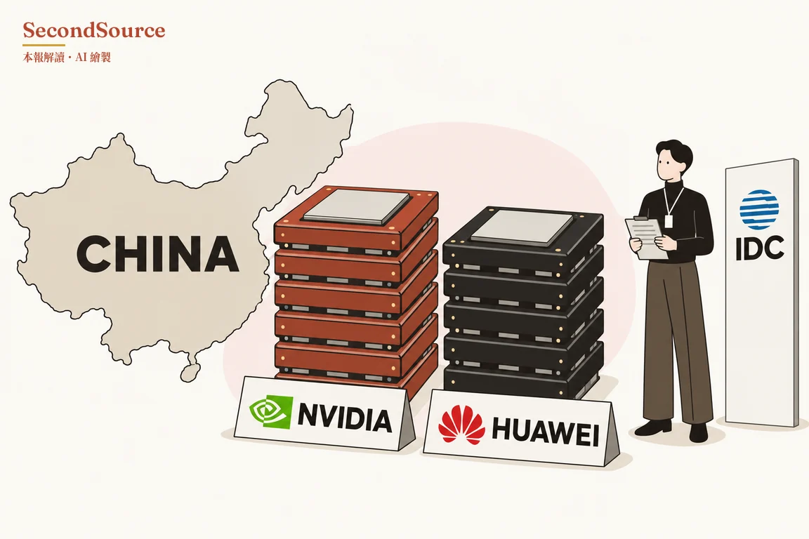 概念插圖:左邊是一幅淺米色地圖輪廓,上面寫著大字 CHINA;中間有兩疊扁平盒子,一疊磚紅色、一疊黑色,頂上各放一塊灰色方板,背後是一個淡粉色圓形,前方各立一塊白色立牌,左牌印著綠色圖案和 NVIDIA,右牌印著紅色圖案和 HUAWEI。右邊有一人穿黑色高領上衣和棕色長褲,胸前掛著識別證,手拿寫字板站著,身旁立著一塊白色高板,上有藍色條紋圓形圖案和 IDC 字樣。