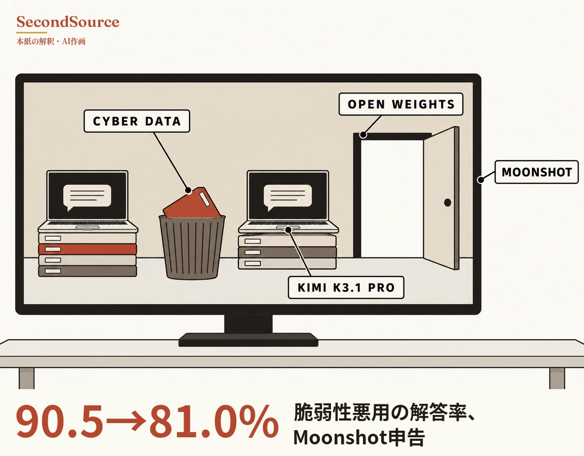 コンセプトイラスト:テーブルの上にスタンド付きの大きなモニターがあり、画面には左から順に、吹き出しを表示したノートパソコンが4段の平たいブロック(1段は赤)の上に置かれ、縦縞のごみ箱の口に赤いフォルダーが斜めに差し込まれていて「CYBER DATA」と書かれたラベルと線でつながり、吹き出しを表示した2台目のノートパソコンが灰色とベージュの3段のブロックの上にあって「KIMI K3.1 PRO」と書かれたラベルが線で指し、暗い枠の中で開いたドアを「OPEN WEIGHTS」と書かれたラベルが線で指している。画面の外の右側には「MOONSHOT」と書かれたラベルがあり、線でモニターの右端を指している。
