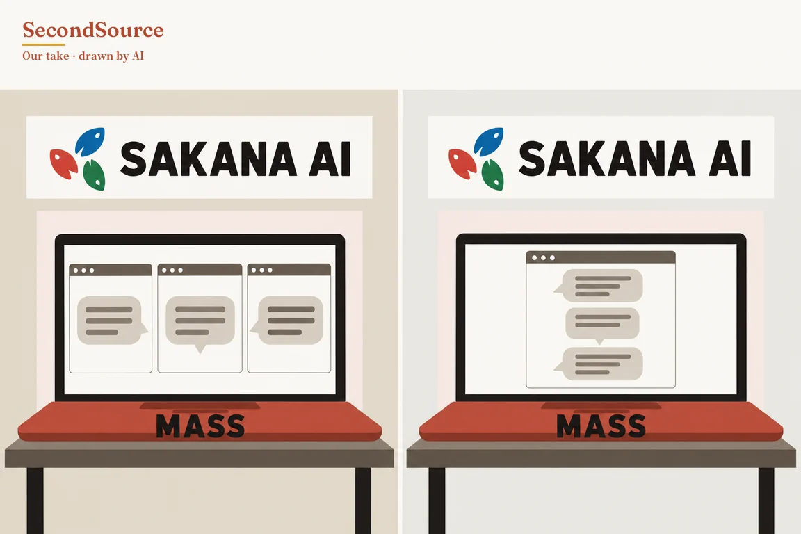 Concept illustration split into two side-by-side panels, each topped by a sign lettered "SAKANA AI" with three small red, blue and green fish-shaped icons to its left, above a laptop with a red base lettered "MASS" sitting on a grey table. The left laptop's screen shows three windows side by side, each holding one speech bubble, while the right laptop's screen shows a single window with three speech bubbles stacked vertically.