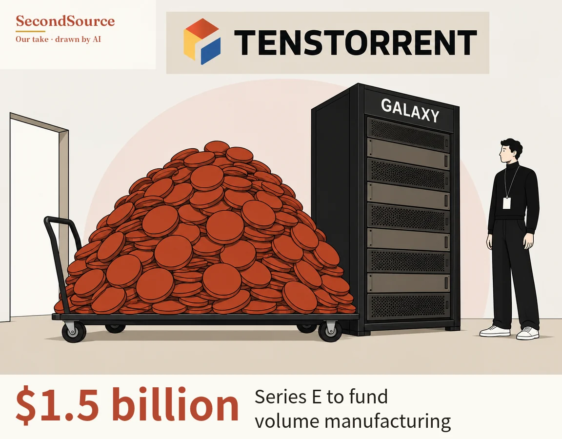Concept illustration: a pale banner at the top is lettered TENSTORRENT beside a cube icon with orange, yellow and blue faces, and below it a flat cart heaped high with round brick-red discs stands near an open doorway on the left, its right end beside the base of a tall black rack lettered GALAXY that is filled top to bottom with stacked units. On the right a person in black clothes and white shoes, with a white card on a lanyard, stands looking toward the rack, against a pale wall with a large faint pink circle behind the scene.