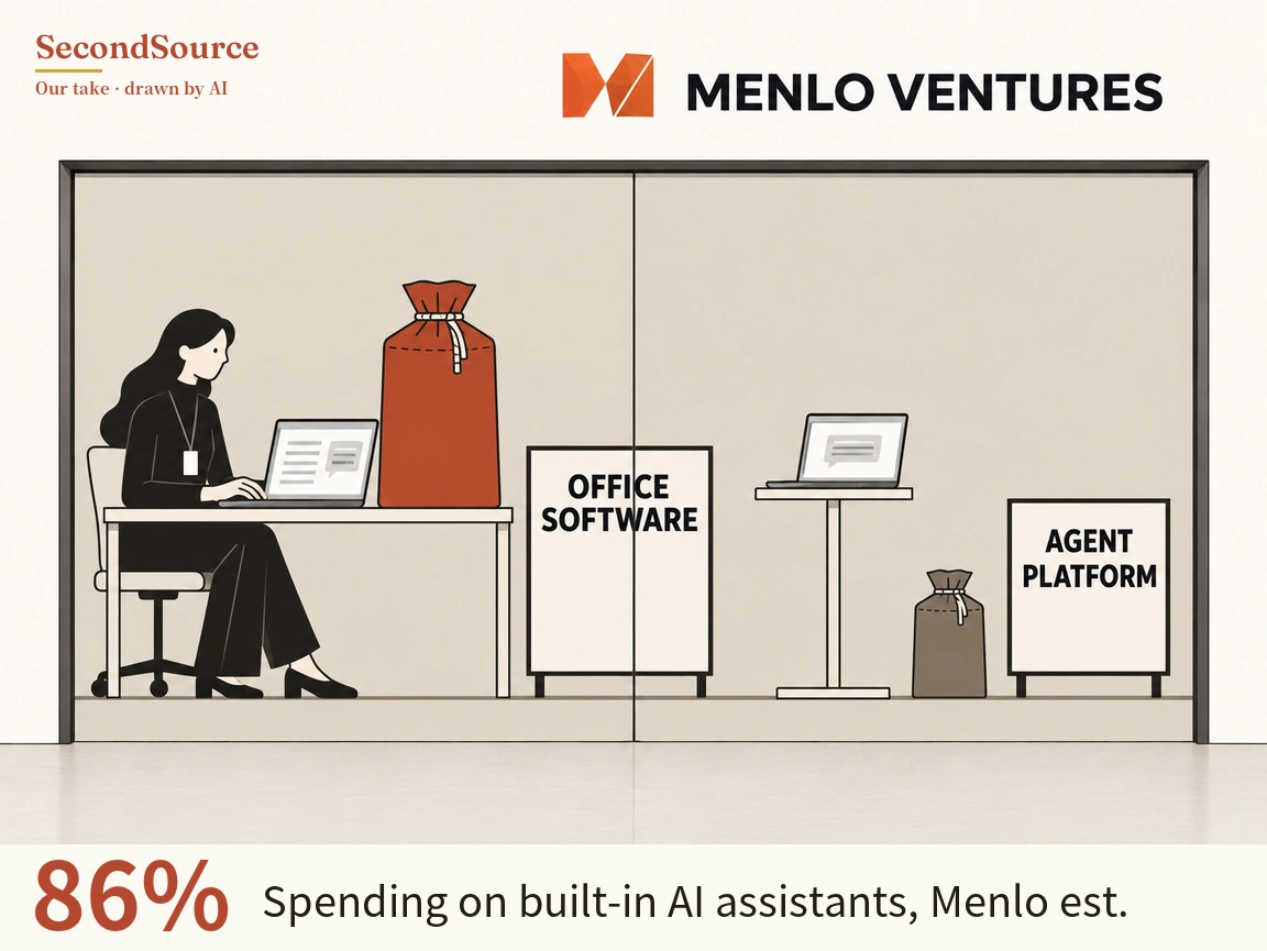 Concept illustration: at top right, an orange geometric mark beside the lettering "MENLO VENTURES"; below, a large framed space split into two sections by a central vertical line. On the left, a person with long dark hair in dark clothing and a lanyard badge sits on a chair typing on a laptop at a desk that holds a large red-orange drawstring sack, with a sign lettered "OFFICE SOFTWARE" standing by the dividing line; on the right, a laptop showing a chat bubble sits on a tall narrow table, with a smaller brown drawstring sack on the floor and a sign lettered "AGENT PLATFORM".
