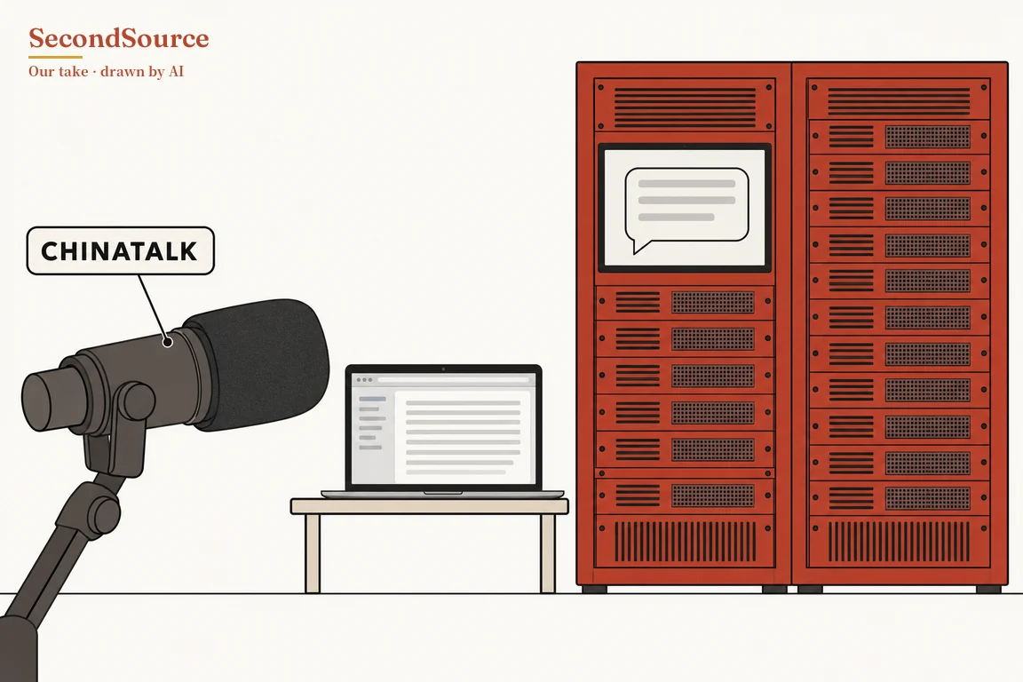 Concept illustration on a plain off-white background: at left, a dark grey microphone with a black foam cover sits on a boom arm, linked by a thin line to a tag reading CHINATALK, and in the middle an open laptop stands on a low, light-coloured table, its screen showing a window of grey text lines. At right, two tall orange-red cabinets stand side by side, filled with stacked vented units, and near the top of the left one a screen shows a speech bubble containing grey lines.