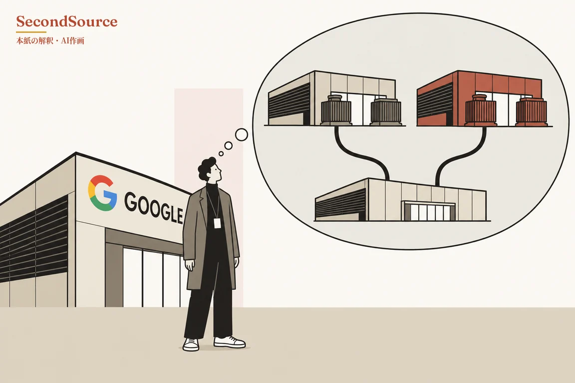 コンセプトイラスト:左側に GOOGLE の文字と多色の G が描かれた建物があり、その前で巻き毛の、ロングコートに黒い服、首から白い小さなカードを下げ、白いスニーカーを履いた人物が右側の大きな思考吹き出しを見上げている。吹き出しの中では、上部にベージュと赤茶色の建物が並び、それぞれの前に縦じまの箱形の装置が二つずつあり、両方の建物が曲がった黒い線で下にあるベージュの建物一棟につながっている。