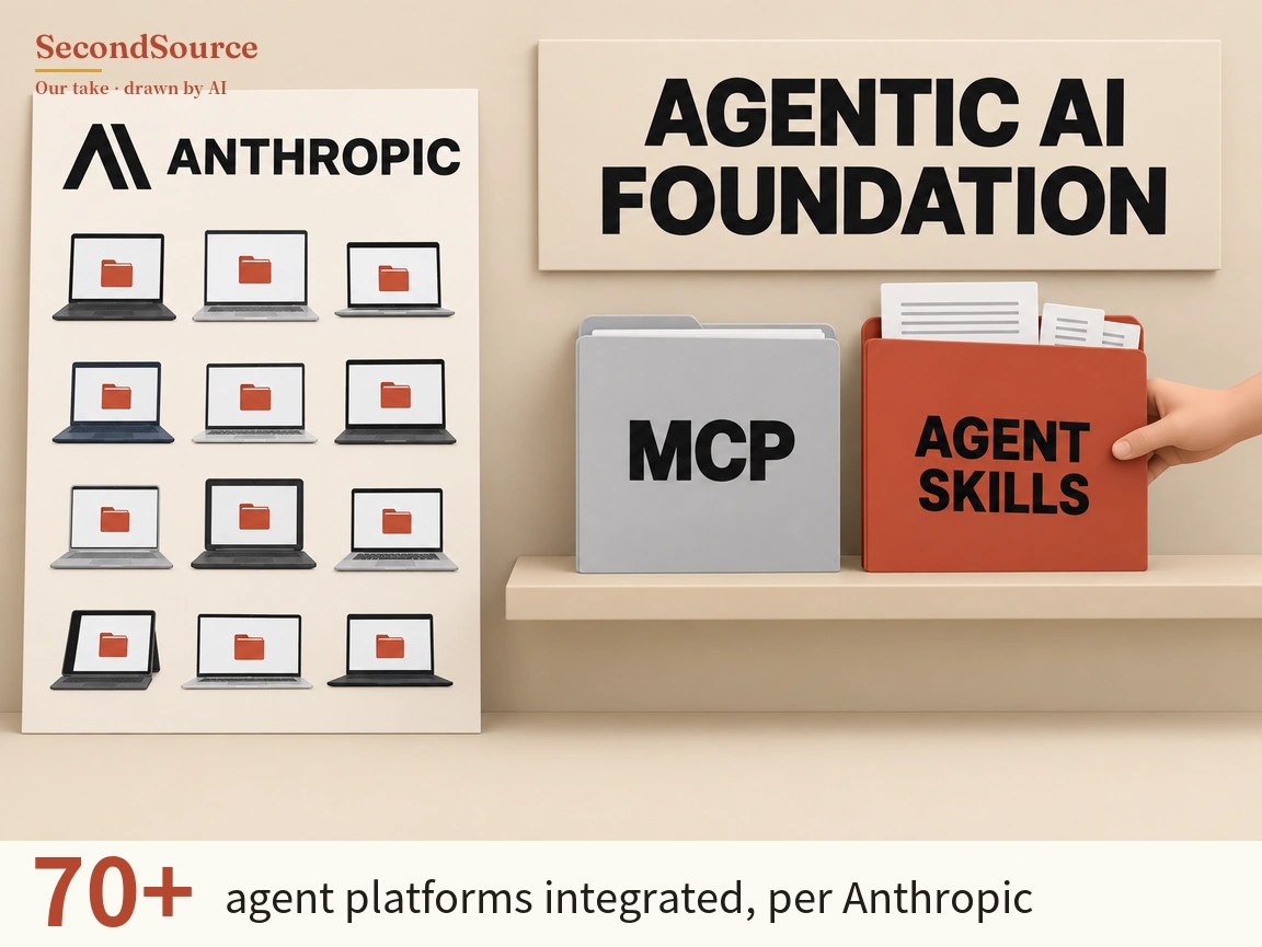 Concept illustration: on the left, an upright cream board is lettered ANTHROPIC beside a black angular shape, with twelve laptops below in four rows of three, each screen showing a red folder icon. On the right, a wall sign lettered AGENTIC AI FOUNDATION hangs above a shelf holding a grey folder lettered MCP and a red folder lettered AGENT SKILLS, both with paper sheets showing at the top, and a hand reaching in from the right edge holds the red folder.