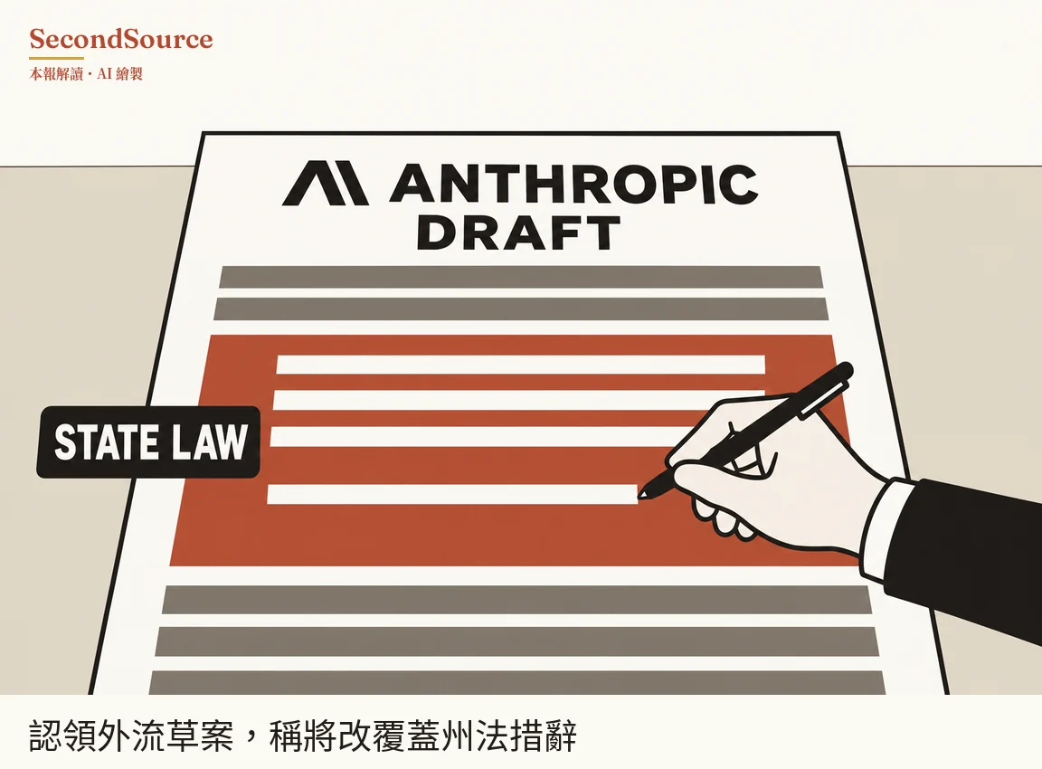 概念插畫:淺米色背景上有一張大白紙,頂端是黑色斜角標誌和「ANTHROPIC DRAFT」字樣,下方上下各有灰色橫條,中間夾著一塊磚紅色區塊,區塊內有四條白線。一個寫著「STATE LAW」的黑色標籤疊在紙張左緣、紅色區塊旁;右側一隻穿黑色袖子、露出白色袖口的手握著黑筆,筆尖抵在最下面那條白線的末端。
