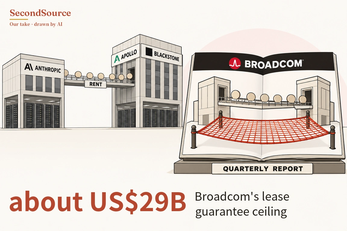 Concept illustration: on the left, a building lettered ANTHROPIC and a taller building lettered APOLLO and BLACKSTONE, both showing rows of dark server racks on their ground floors, are joined high up by a skybridge carrying a row of round beige discs, with a sign reading RENT hanging beneath it. On the right, a large open book stands on a base whose front plate reads QUARTERLY REPORT; a black band across the top of its pages is lettered BROADCOM, and rising from the pages are two small towers joined by a walkway with the same discs, with a red net stretched between four dark posts below it.