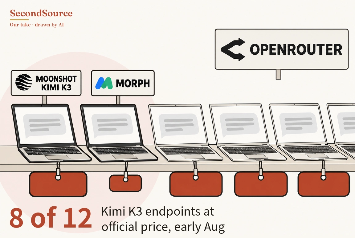 Concept illustration: a row of open laptops sits on a long shelf, each screen showing a grey speech bubble with grey lines, and a plain red tag hangs on a cord beneath each laptop; the second tag is smaller than the others, and the row runs off the right edge. The first two laptops are drawn with heavier outlines in front of a pale pink circle and carry signs on posts lettered "MOONSHOT KIMI K3" (beside a black round emblem) and "MORPH" (beside a blue-green M-shaped emblem), while a larger sign at upper right is lettered "OPENROUTER" beside a black branching-arrow symbol.