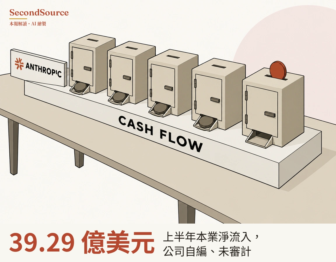 概念插圖：桌上一條長形白色底座，正面寫著 CASH FLOW，上面排著五個米色保險箱狀的方盒，每個頂部有一道窄縫，正面有帶把手的鉸鏈門，底部有一個托盤；前四個托盤裡各有一枚深灰色圓片，第五個頂部窄縫中插著一枚紅色圓片，它的托盤是空的。底座左端立著一塊白色牌子，寫著 ANTHROPIC，字旁有一個橙紅色放射狀圖形，右上方背景是一個淡粉色圓形。