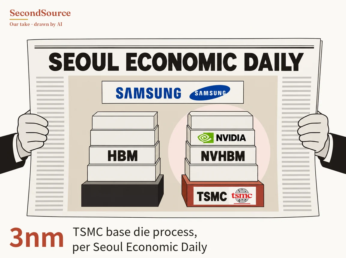 Concept illustration: two pale hands in dark sleeves hold open a newspaper with the masthead SEOUL ECONOMIC DAILY and grey lines of text down both edges, and at the top of its beige centre panel a white banner is lettered SAMSUNG twice, once in blue and once in white inside a blue oval. Below stand two stacks of four white blocks: the left stack has a block lettered HBM and rests on a black base, while the right stack, set against a pale pink circle, has blocks lettered NVIDIA (beside a green emblem) and NVHBM and rests on a brick-red base whose white label reads TSMC and tsmc.