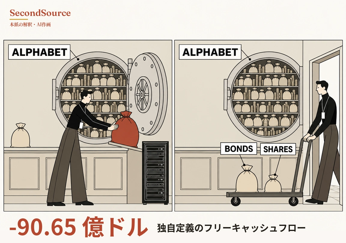 2コマのコンセプトイラスト:左のコマでは、ALPHABET と書かれた丸い金庫の扉が開き、棚には袋と積み重なった硬貨が並んでいる。黒い上着に名札を下げた人物が大きな赤い袋を両手で支えており、袋は金庫の横にある黒いサーバーラックの上の傾いた板に載っている。左端のカウンターには小さなベージュの袋が置かれている。右のコマでは、ALPHABET と書かれた同じ金庫の棚が袋と硬貨で埋まっており、右側の開いた戸口に立つ名札を下げた人物が平台車の取っ手を握っている。台車には BONDS と SHARES と書かれたベージュの袋が二つ載っている。