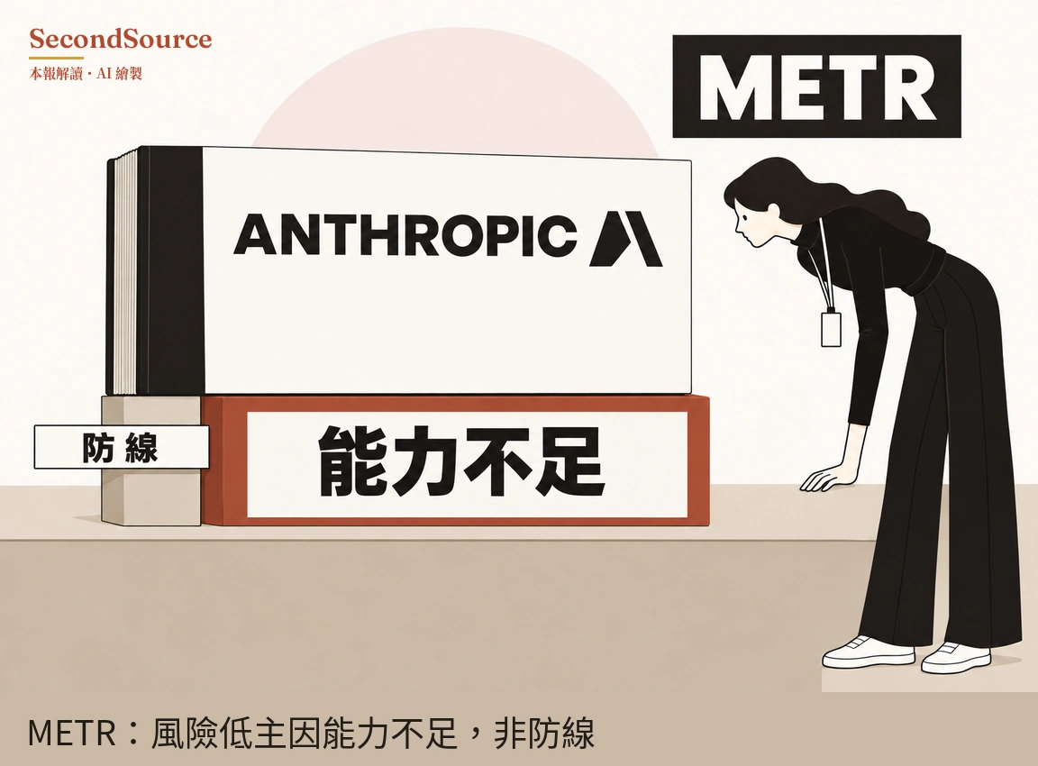概念插畫:米色桌面上,一本黑色書脊的厚白色大書印著 ANTHROPIC 字樣和一個黑色稜角圖形,架在一塊紅色方塊和它左側一塊較小的米色方塊上;紅色方塊的白色標牌寫著「能力不足」,米色方塊的小標籤寫著「防線」。畫面右側,一個長髮、穿黑衣、頸掛識別牌掛繩的人俯身向前,一手撐在桌上,面朝那本書;右上角有一塊寫著 METR 的黑色牌子,書後方有一個淡粉色圓形。
