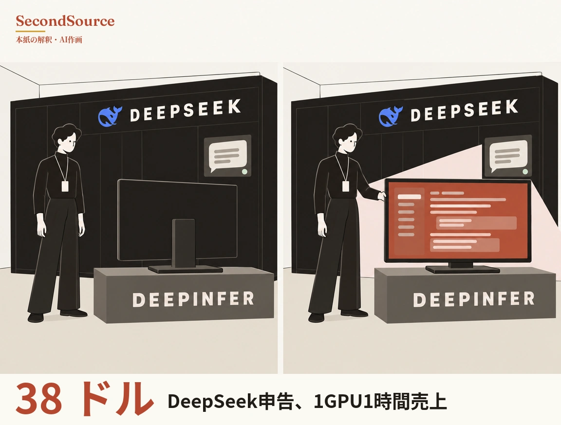 左右2コマのコンセプトイラスト。左では黒い服に名札を下げた人物が、DEEPINFER と書かれた灰色の台の上の暗いモニター(背面がこちら向き)の横に立ち、奥の黒い壁には DEEPSEEK の文字、青いクジラ形のマーク、吹き出しアイコンの小さなパネルがある。右は同じ場面で、モニターが正面を向いて赤橙色の画面に淡い横棒が何列も並び、人物が片手を画面の縁に添え、画面の後ろに淡いピンクの光が扇状に広がっている。