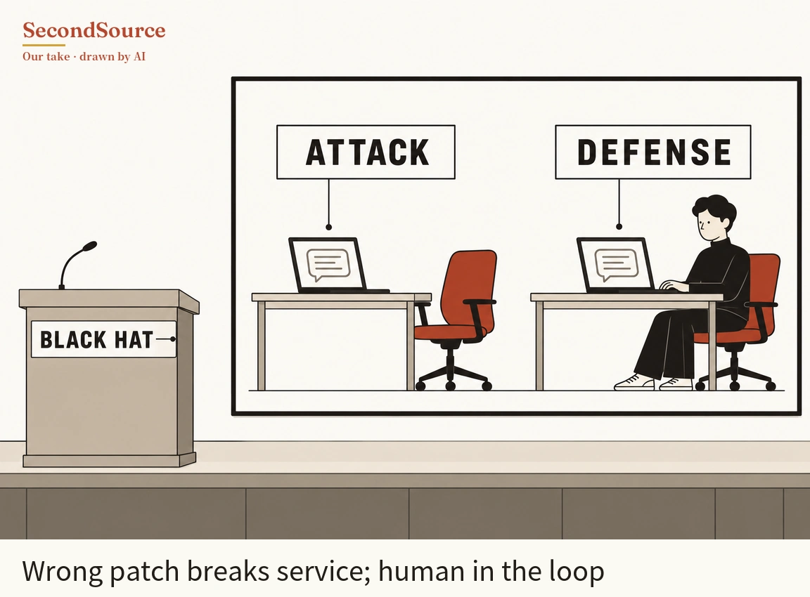 Concept illustration: on the left, a lectern with a curved microphone on top and a front plate lettered BLACK HAT stands at the edge of a stage. On the right, a large black-framed panel shows two desks side by side: above the left desk a sign lettered ATTACK is joined by a thin line to a laptop whose screen shows a speech-bubble icon, with an empty red-orange office chair beside it; above the right desk a sign lettered DEFENSE is joined by a line to a similar laptop, where a person dressed in black sits in a red-orange office chair typing.