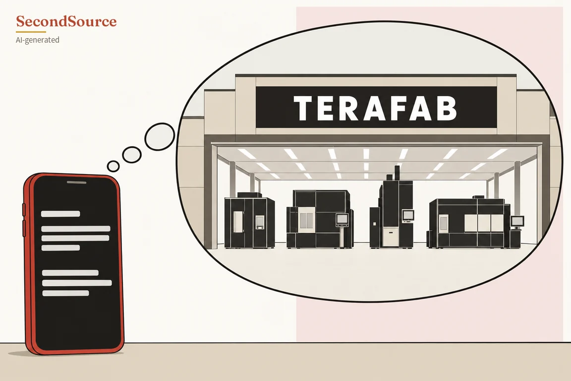 Concept illustration: at lower left a smartphone in a red case stands on a beige ledge, its black screen showing rows of light grey bars like lines of text, and three circles of increasing size rise from it to a large oval thought bubble on the right. Inside the bubble is a building front with a black sign lettered TERAFAB above an open hall with rows of ceiling lights, where four black boxy machines with small screens stand side by side, all against an off-white background with a pale pink panel on the right.